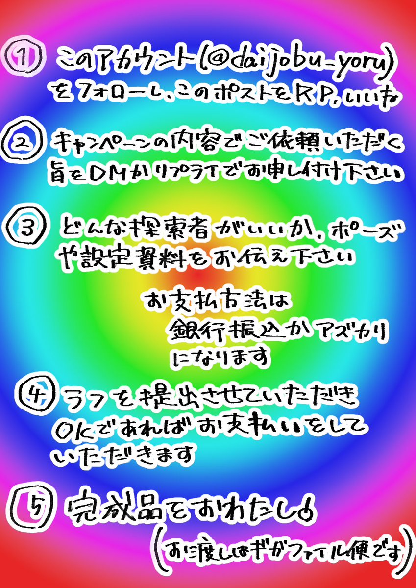daijobu_yoru's tweet photo. #TRPG関連ご依頼募集中
愚かなので優先しなきゃいけない支払いができずに途方に暮れています助けて〜！ということで

半額でご依頼受けるキャンペーンやります！
抽選とかじゃないので良ければリポストやいいねを気軽に押してください！リプライもお気軽に！！！ https://t.co/XX81YDsRlH