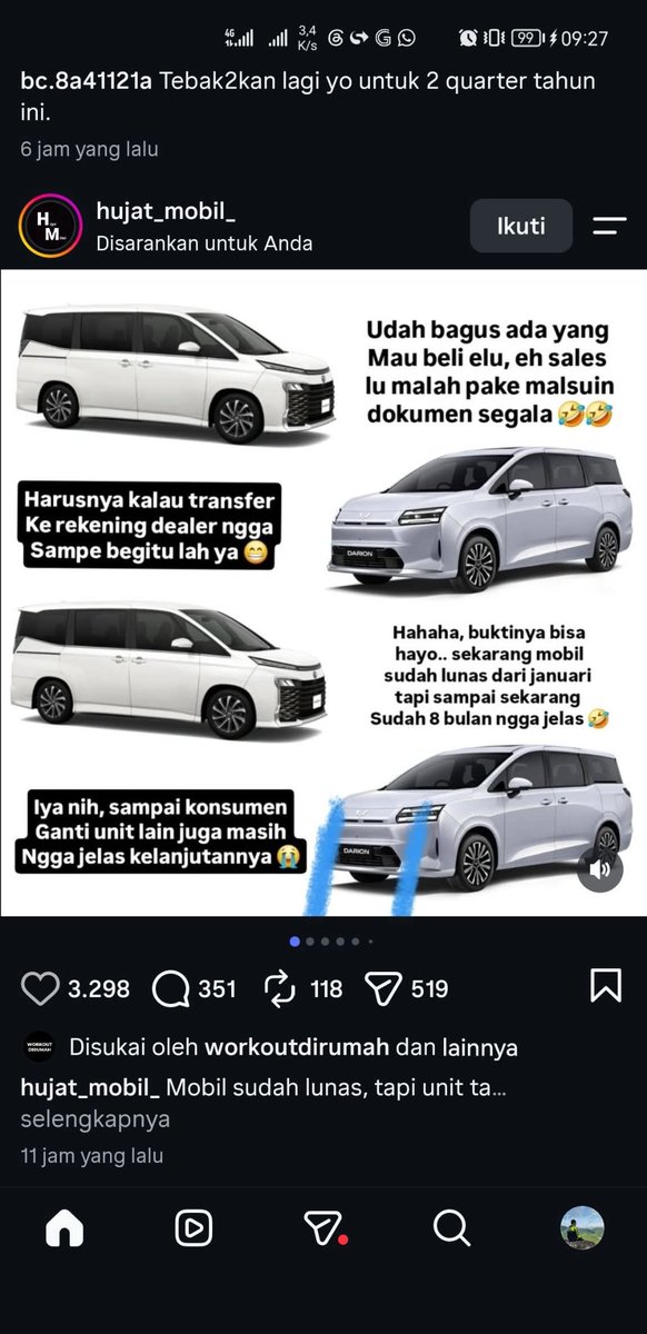SmwGwOto's tweet photo. Ada yg ngikutin kasusnya Wuling di Jatim?

Korbannya ternyata banyak dan ruwet.

Kayaknya, modus si oknum sales, dia ambil duit dr customer 1, begitu dpt customer ke-2, mobil pesanan customer ke-2 dikasih ke customer 1, gitu trus sampai akhirnya banyak yg kena.

Apa gk mumet tu sales hidupnya yah?