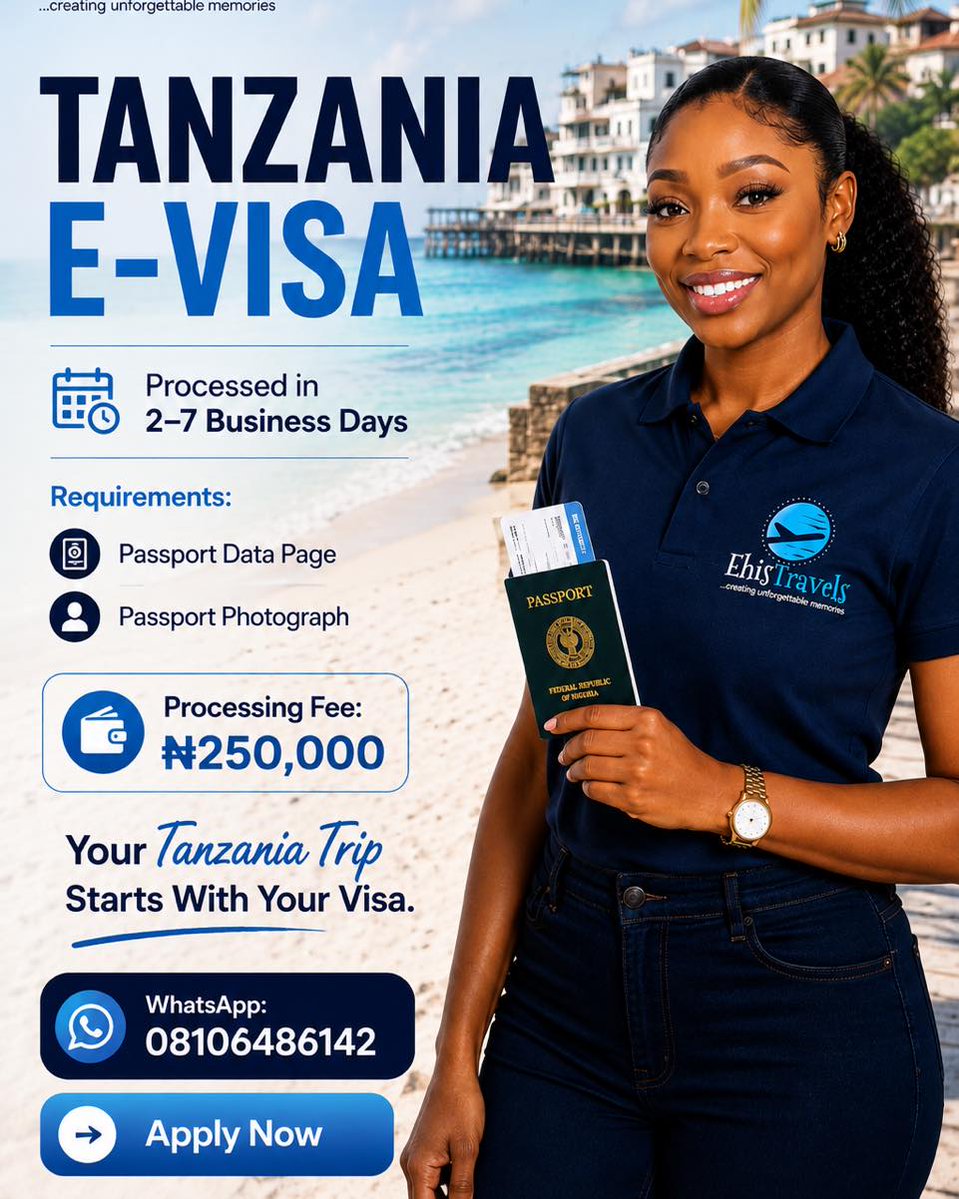 himarce's tweet photo. Stop waiting for the perfect time to travel. Take a break, explore Zanzibar, and experience an unforgettable Tanzania safari. Tanzania eVisa requirements
Passport data page
Recent passport photo
Processing fee: ₦250, 000
Processing time: 2–7 https://t.co/dKzyHHrfMh