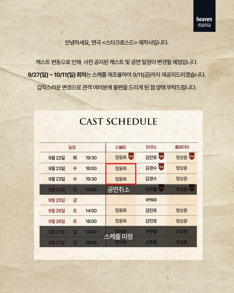 heavenmania_'s tweet photo. [스타크로스드] 캐스트 및 공연 일정 변경 관련 환불 안내

배우 하차 및 추가 캐스트 합류로 인해 
사전 공지된 캐스트 및 공연 일정이 변동될 예정입니다.

[티볼트 역 박정복 -> 정동화 배우로 변경 회차]
*9/23(수) 16:00

[티볼트 역  양지원 -> 정동화 배우로 변경 회차]
*9/23(수) 19:30

[공연 취소]
* 9/24(목) 14:00 

9/27(일) ~ 10/11(일) 회차는 
스케줄 재조율하여 9/11(금)까지 재공지드리겠습니다.

갑작스러운 변경으로 관객 여러분께 
불편을 드리게 된 점 양해 부탁드립니다.

𝑺𝑻𝑨𝑹𝑪𝑹𝑶𝑺𝑺𝑬𝑫

-
2026.9.22.~2026.12.13.
예스24아트원 2관
#연극 #스타크로스드 #starcrossed