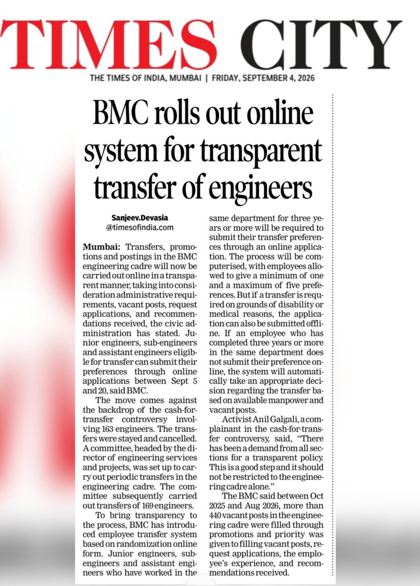 ANILGALGALIRTI's tweet photo. Times of India- BMC rolls out online system for transfer of engineers to bring in transparency

Activist Anil Galgali, who was a complainant in the cash-for-transfer controversy, said, “There has been a demand from all sections, including the engineering cadre, for a transparent policy. This is a good step and it should not be restricted to the engineering cadre alone.”

@sanjeevdevasia @mybmc @AshwiniBhide @CMOMaharashtra @AmeetSatam @mihirkotecha @mayor_mumbai @timesofindia @toimumbai @TOIIndiaNews @mybmcInfra
