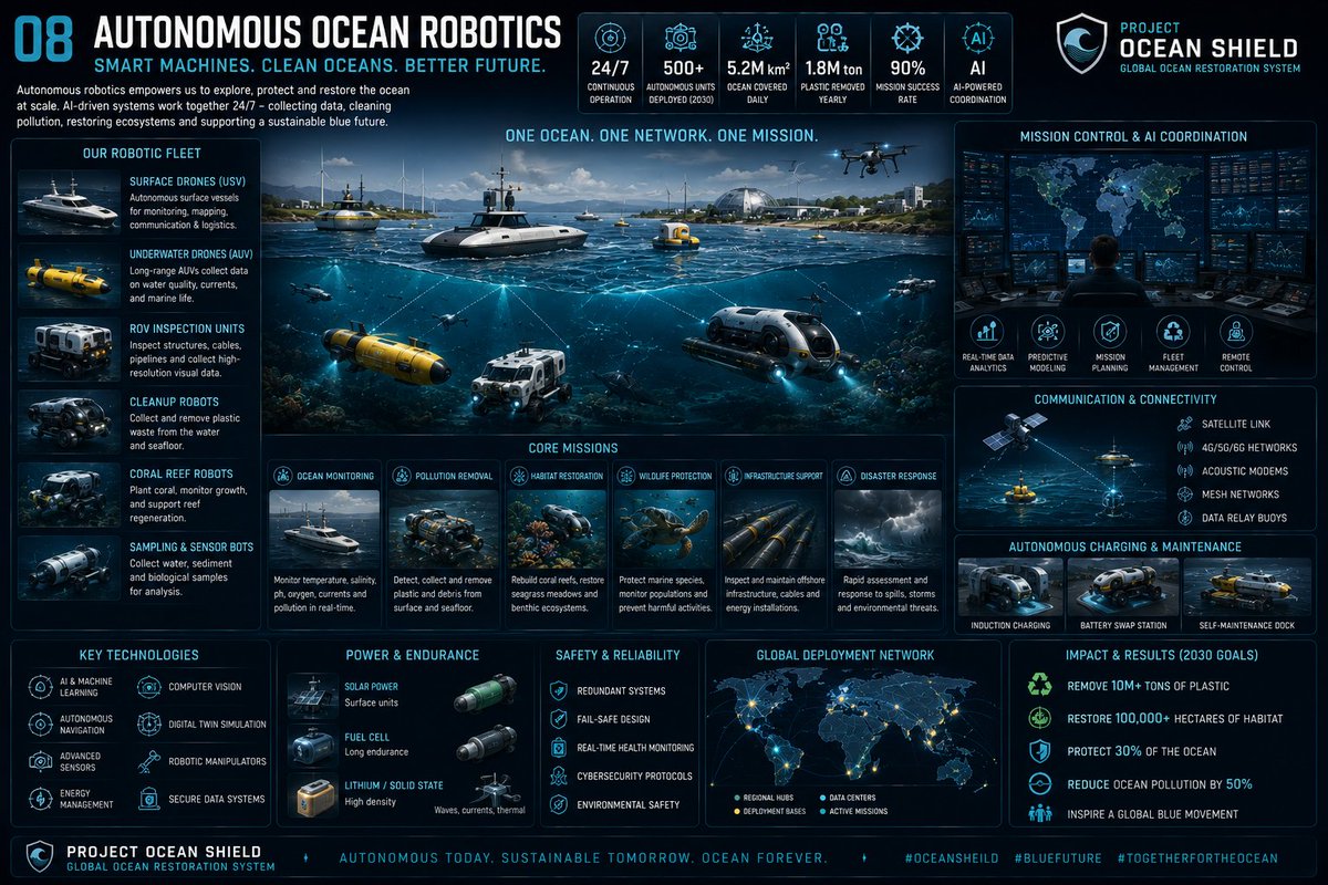 RoboAurel's tweet photo. PROJECT OCEAN SHIELD 08 — AUTONOMOUS OCEAN ROBOTICS 🌊
Autonomous systems. Continuous monitoring.
Map. Monitor. Inspect. Restore.
Intelligent robotics for a living ocean.
@NOAA @NASA @esa
#OceanShield #OceanRobotics #AURELOMEGA https://t.co/ssra6cXnR9