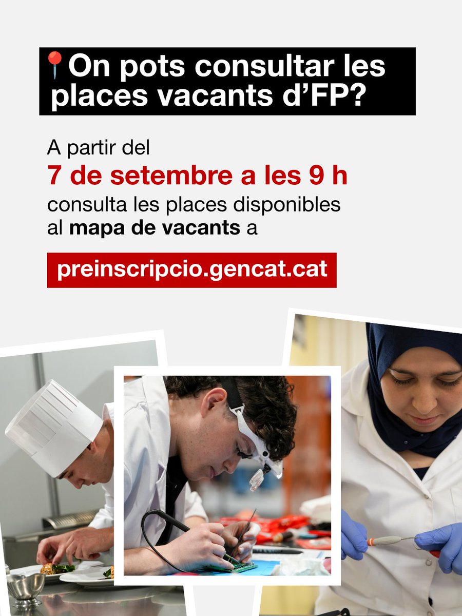 educaciocat's tweet photo. 📢 Oferta de places vacants de formació professional. 

A partir del 7 de setembre a les 9 h, consulta les places disponibles al mapa de vacants.

Continua🧵👇 https://t.co/clCagVYJHc