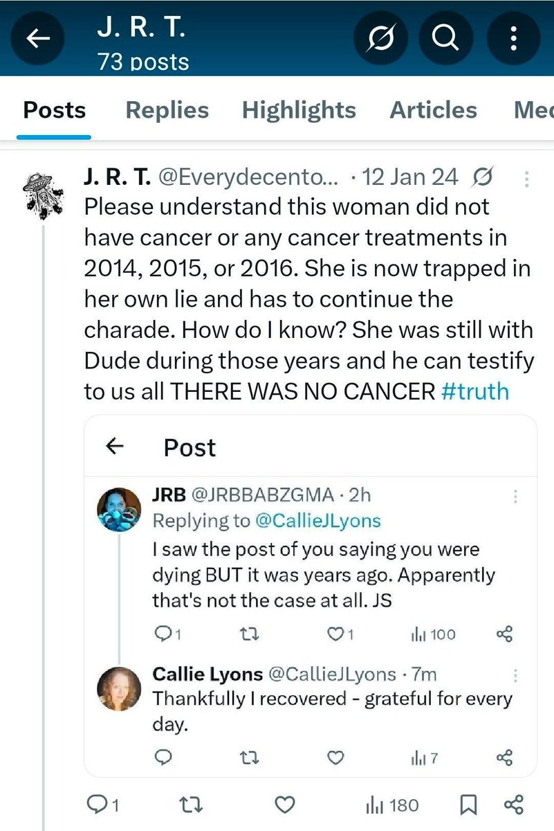 joejam749's tweet photo. @CallieJLyons Huh. Okay, well where is the Truth, Character, or Facts in your 2024 claim that you "thankfully recovered" from having the Cancer you admit to lying about having in your March 2026 deposition? https://t.co/KkMJlzanwp