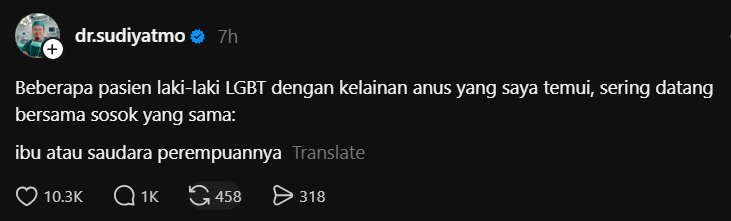 karirfess's tweet photo. Sungguh menyakitkan: laki-laki dewasa merusak badannya sendiri, lalu ibunya yang duduk di ruang periksa.

Dokter cerita pasien laki-laki dengan kelainan di anus sering datang bareng ibu atau saudara perempuan. Bukan karena ibu paham dan setuju. Karena di rumah kita, kalau anak jatuh, yang paling peduli biasanya ya perempuan di keluarga itu. Malunya ditanggung ibu. Biayanya ditanggung ibu. Kabar buruknya juga ibu yang harus dengar.

Ada dokter yang sampai menahan sedih. Ibunya dari desa, tidak sepenuhnya mengerti. Pesan ke pasiennya jelas: ibumu yang dijaga, bukan kamu yang dijaga ibumu. Kamu sudah besar. Jangan jadikan orang yang melahirkanmu sebagai penanggung jawab hidup semrawutmu.

Lalu ibu baru lahiran sudah takut. Cari cara supaya anaknya tidak terseret arus itu. Langsung dituduh “belum siap jadi orang tua”. Aneh. Orang tua mana yang rela anaknya hidup di jalan yang berisiko, penuh luka, lalu suatu hari harus diantar ke dokter dengan wajah tertunduk?

Ini bukan cuma soal belas kasihan yang dilebih-lebihkan. Ini soal tanggung jawab. 

Kalau suatu gaya hidup berulang kali berujung ke ruang periksa, ke ibu yang menangis, ke keluarga yang malu, jangan minta dirayakan. 

Jangan minta dinormalisasi!