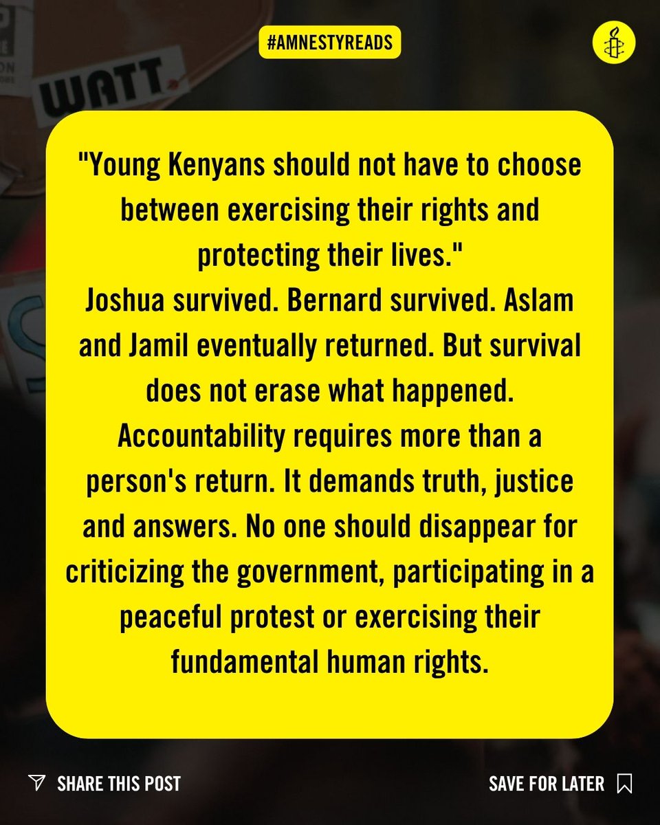 AmnestyKenya's tweet photo. The right to express an opinion should never come with a risk assessment. Yet many young activists are navigating threats, intimidation, surveillance, and fear simply for exercising rights guaranteed under the Constitution. Read the full article on our website: https://t.co/j5B54PgjuZ
#AmnestyReads