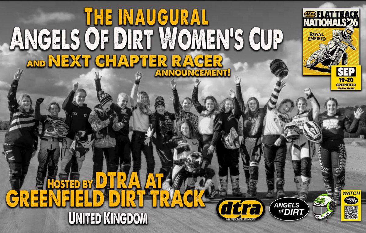 dirthubuk's tweet photo. 🚨 The DTRA have joined forces with Angels of Dirt creator Wendy Schneider for a special women’s Flat Track Cup at the 2026 season finale at Greenfield Dirt Track.

👀 See the Full details 👉 https://t.co/NRF6pcVe4J

#dirttrackridersassocation #DTRA #dirttrack #flatrack https://t.co/1orqPARgxc