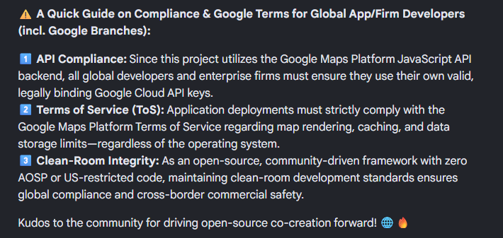 LivingInHarmony's tweet photo. ๐ OpenGMaps SDK Compliance Guide:
1๏ธโฃ API Keys: Firms & global branches must use their own valid Google Cloud API keys.
2๏ธโฃ ToS Limits: Strict adherence to Google Maps ToS required for rendering & caching.
3๏ธโฃ Clean-Room: Zero AOSP code ensures cross-border safety.
#HarmonyOS #OHOS https://t.co/WcBvuDhtLq