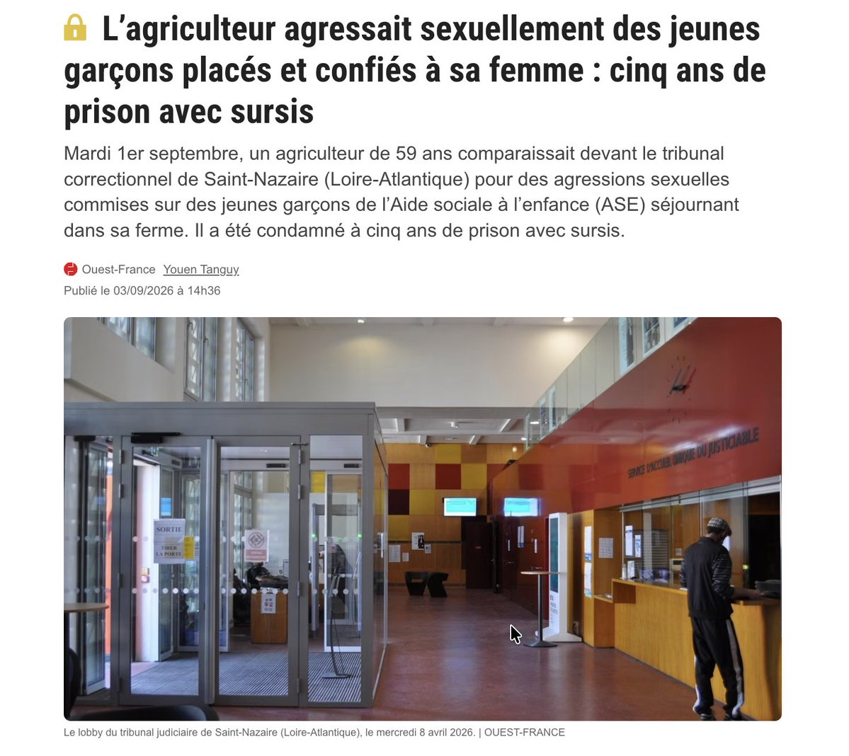 LyesLouffok's tweet photo. Un agriculteur vient d’être condamné à 5 ans de prison avec sursis pour avoir agressé sexuellement plusieurs enfants placés accueillis dans sa ferme. Certains n’avaient que 9 ans.

Le plus révoltant ? Un enfant avait déjà dénoncé des faits dès 2014. Et rien n’a été stoppé. https://t.co/g6bgNT475w