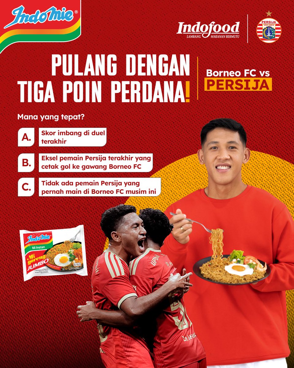 Persija_Jkt's tweet photo. Bertandang ke Segiri, Tiga poin jadi target Macan Kemayoran. Ayo, menang can!

Sambil siapin semangat dukungan, kita main games dulu yuk. Dari pernyataan di atas, manakah pernyataan yang tepat? 

Makin semangat dukung Persija bareng Indomie Goreng Jumbo. 🙌🏻 https://t.co/pGhRRN0NPA