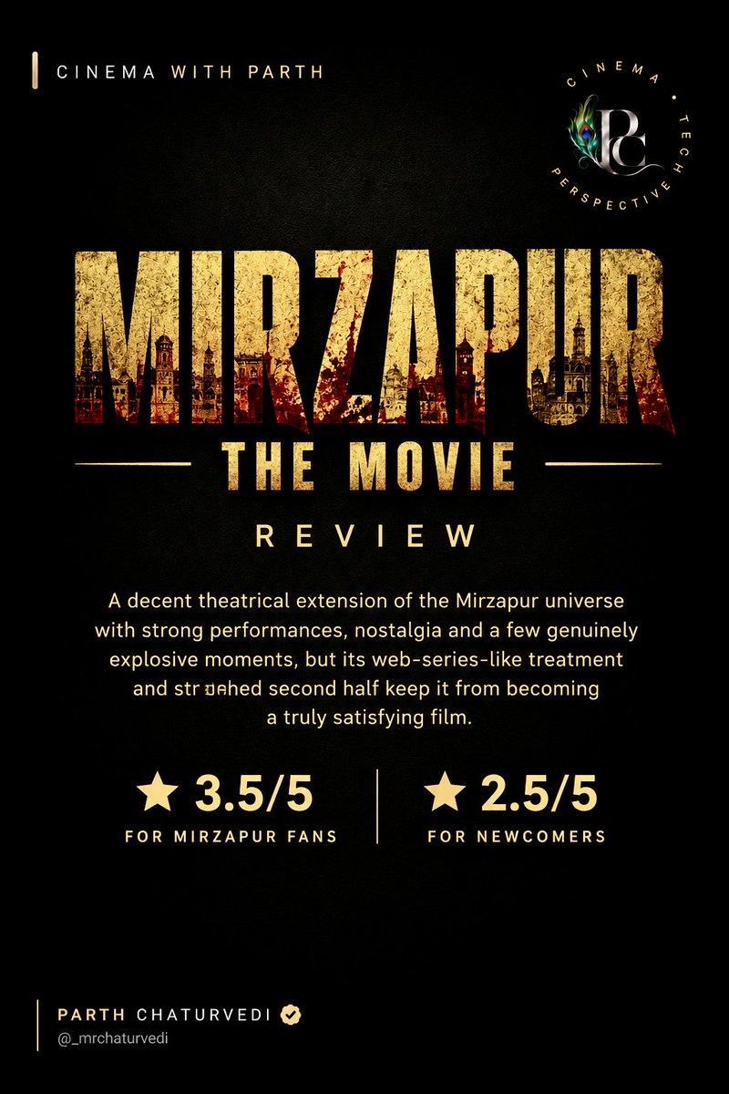 _mrchaturvedi's tweet photo. #CinemaWithParth - Mirzapur Review
Mirzapur: The Movie traverses familiar territory, taking us back to Mirzapur and Jaunpur between Episodes 6 and 7 of Season 1. What works particularly well is how seamlessly the makers connect this completely new arc with the existing narrative, without making it feel like a detached side story. For fans of the series, the nostalgia of seeing these familiar characters alive on the big screen, doing familiar things, is undoubtedly going to be a major part of the experience. Ravi Kishan, however, completely steals the show. There are 4-5 genuinely high-octane elevation moments that land well, while the BGM does a very decent job of amplifying them. The rap portions, in particular, leave an impact. The songs, on the other hand, feel largely unnecessary. Apart from the devotional tracks, the other two seem forced into the narrative.
The first half takes considerable time introducing characters and establishing the setting, and at places it over-explains things that could have been handled more organically. Thankfully, the dialogue-baazi and a couple of strong elevation moments keep it engaging. The bigger problem arrives in the second half, which feels stretched and drags considerably before reaching the climax. The climax itself works, with plenty of gunfire, a few predictable turns and an entertaining hand-to-hand combat sequence between Ravi Kishan and Guddu Pandit.
A key issue with the film is that, despite being made for the big screen, it never truly feels like a film. The treatment, pacing and narrative structure remain very much in the language of the web series. That familiarity is a strength for existing fans, but it also means the movie doesn’t quite deliver the cinematic momentum one would expect from a theatrical feature. It often feels like an extended chapter of Mirzapur rather than a film that has evolved beyond its original format.
Overall, Mirzapur: The Movie is a decent watch with some genuinely memorable moments, strong performances and enough nostalgia to make the journey worthwhile for fans. 3.5/5 for Mirzapur fans. For someone who hasn’t watched the series, however, the slow setup, character-heavy first half and web-series-like treatment may make the experience considerably less engaging. 2.5/5 for them who haven’t seen the series.