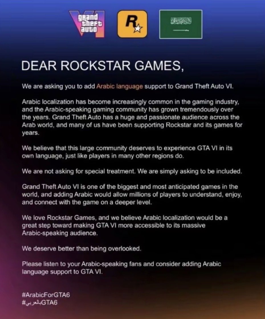 LiQuId124124's tweet photo. Dear Rockstar games @RockstarGames 
We want an small order
The Arabic language 
Because since gta5 we want
That 
And this is a small order on your side please do it @RockstarGames @RockstarGames #GTA6 @RockstarGames @RockstarGames #GTA6 @RockstarGames @RockstarGames #GTA6 @Rocksr https://t.co/16VFM0AYdr