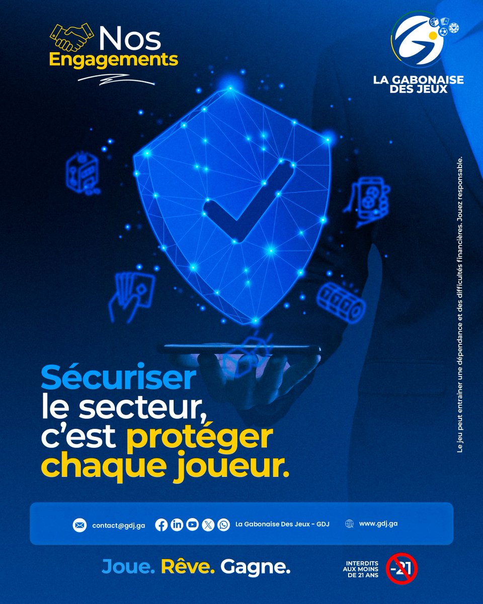 GabDesJeux's tweet photo. La GDJ s'engage à garantir un secteur des jeux sécurisé : licence obligatoire, contrôle technique et financier rigoureux et exigences de sécurité strictes. Sécuriser le secteur, c'est protéger chaque joueur.

#Gabon #Gdj #MonopoledEtat https://t.co/MPSMZW03kC