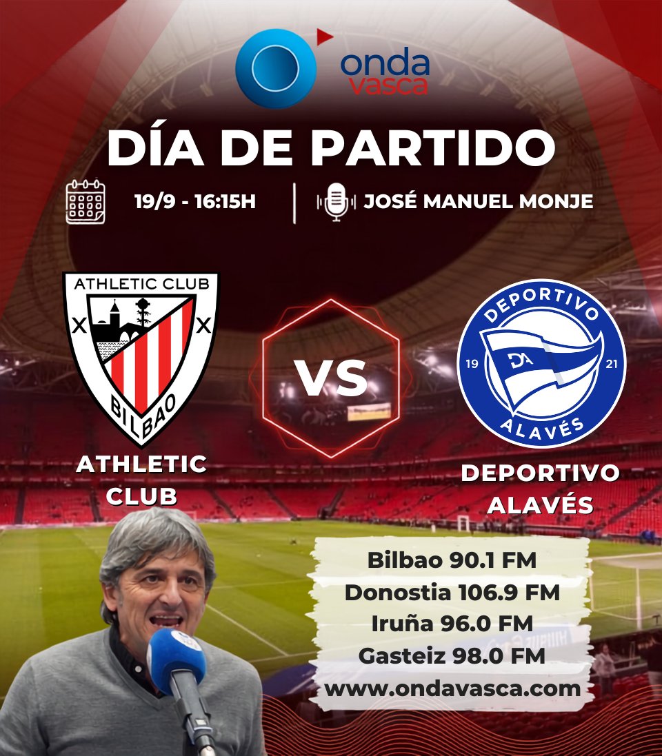 ondavasca's tweet photo. 🔴 ¡HOY JUEGA EL ATHLETIC CLUB!
⚽️ @AthleticClub 🆚 @Alaves
⏰ 16:15 - Desde las 15:15 en @ondavasca
🎙️ @monjeondavasca
📻 Bilbao 90.1FM
📲 https://t.co/3kQ0LAmvnw / App
🔴 #Konekta con #OndaVasca
#AthleticClub #UniqueInTheWorld 🦁 https://t.co/aDghXmrtpW