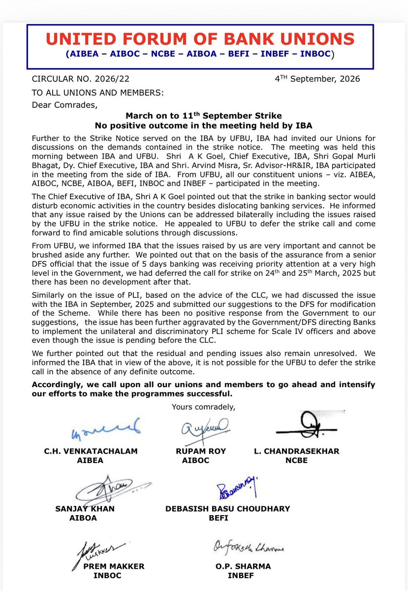 NigamBrahmbhatt's tweet photo. March on to 11th September Strike.
No positive outcome in the meeting held by IBA today

🔥 UNITED WE STAND!
✊ 5-Day Banking
✊ Fair & Uniform PLI
✊ Bilateral Discussions
✊ Resolve Residual Issues
#5DayWeekandFairPLI
#5DayWeekandFairPLI #FBOIOA @nilesh_pawar15 @UFBUIndia @aiboc_in