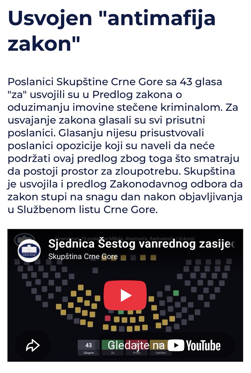 Toni_Janovic's tweet photo. Gospodo iz tužilačko-sudskih organa – udrite.

Sada imate širom otvorene ruke i zakon koji vam daje osnov da građanima konačno date ono sto čekaju decenijama. Pravdu i pravičnost.

U Crnoj Gori ima previše novca od droge, cigareta i imovine stečene kriminalnim radnjama. Vrijeme je da se zna čije je šta i kako je stečeno.

Zakon je usvojen. Alat imate. Sada je red na vas.