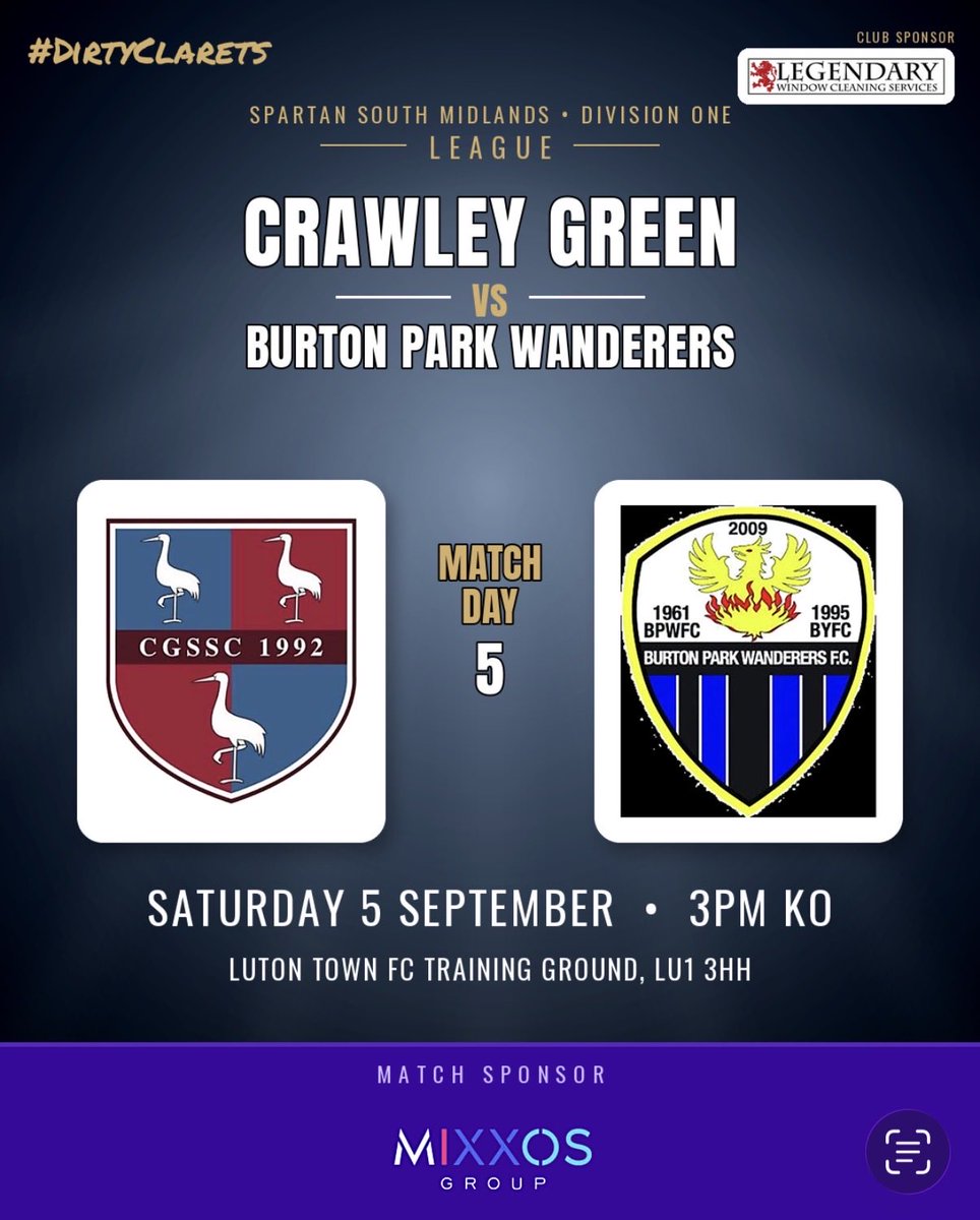 CGFC2024's tweet photo. MATCHDAY 5 ⚽

Home this weekend vs Burton Park Wanderers!

3pm KO at Luton Town FC Training Ground.

Come down and support the lads. 

Big thanks to our match sponsors Mixxos Recruitment.

#DirtyClarets https://t.co/uUywYfWJIT