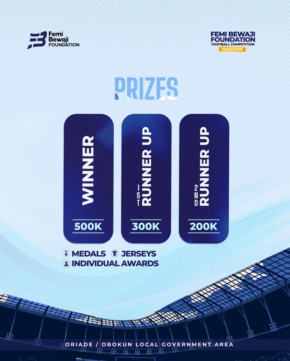 FemiBewajifdn's tweet photo. THE WAIT IS OVER! 

The Femi Bewaji Foundation Football Competition - Maiden Edition is here!

Bringing together young talents from Ori Ade and Obokun Local Government Areas for a celebration of Talent, Unity &amp; Excellence.

#FemiBewajiFoundation #FemiBewaji #FootballCompetition https://t.co/TRcORMbBJY