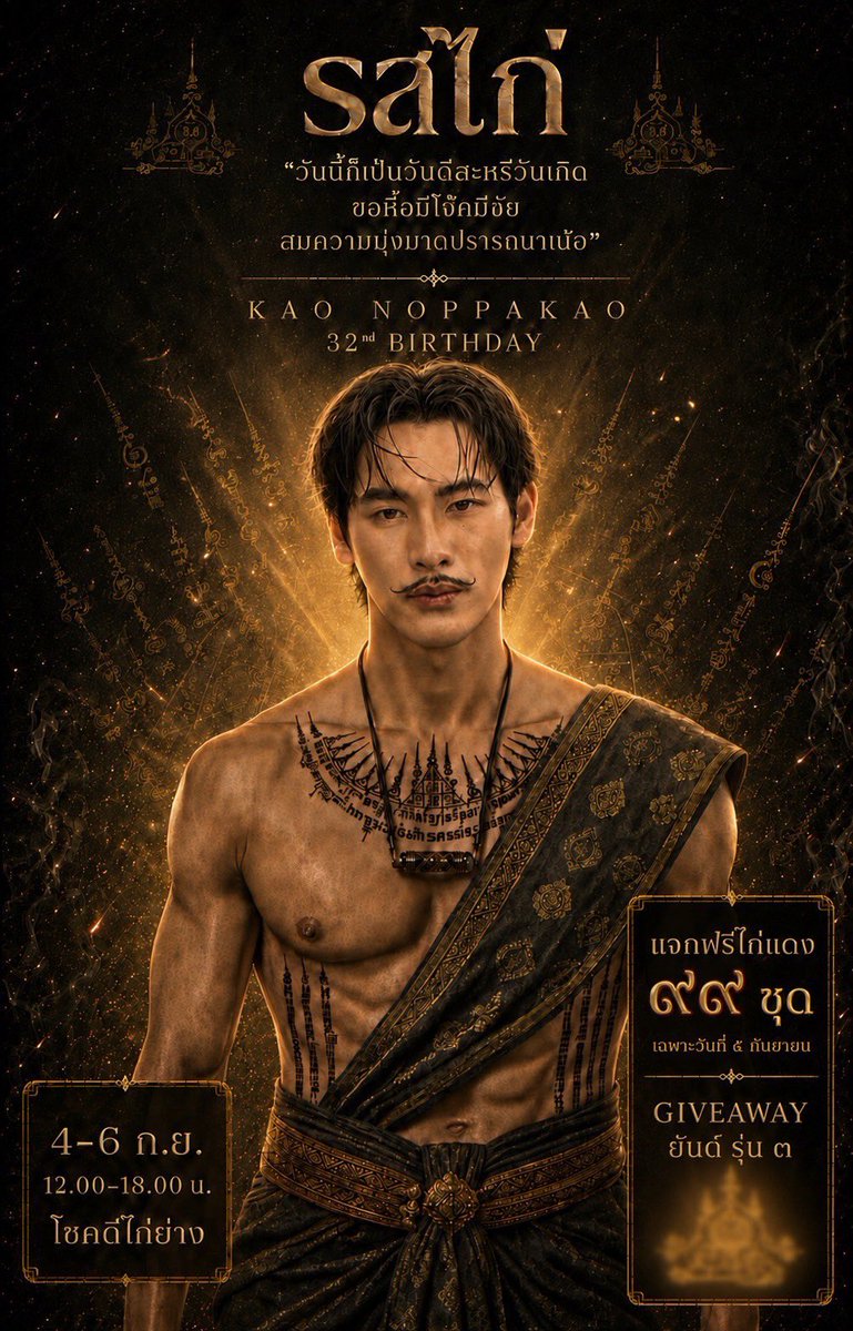 Khunnumber9's tweet photo. 🔥 ตำรับลับข้ามภพ…มาจบที่ “รสไก่” 🔥

🗓 4–6 ก.ย. 2569
⏰ 12.00–18.00 น.
📍 โชคดีไก่ย่าง

✨ พิเศษเฉพาะวันที่ 5 ก.ย.
แจกไก่แดงฟรี พร้อม Giveaway “ยันต์นพเก้า รุ่น 3” จำนวนจำกัด

แล้วมาร่วมเปิดเตารสไก่พร้อมกันนะคะ ✨

#HappyKAO32ndBDproject
#รสไก่
#number_9th #งุ้งงิ้งๆของนพเก้า https://t.co/ekMBKHqSJA