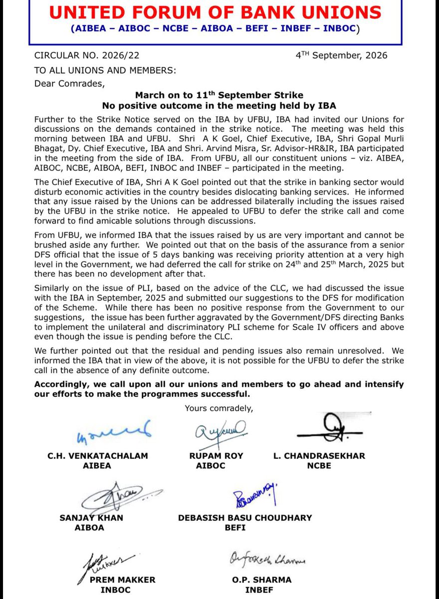 Pramod_Shinde09's tweet photo. The message is clear — the struggle continues. ✊

Today’s IBA–UFBU meeting has yielded no positive outcome on our legitimate and long-pending demands. UFBU has therefore decided to march ahead with the 11th September Strike.

Five-Day Banking remains unimplemented. The unilateral and discriminatory PLI scheme remains unresolved. Residual and pending issues continue to await settlement.

This is the time for UNITY, DISCIPLINE & TOTAL PARTICIPATION.

I appeal to every officer and employee: participate wholeheartedly in all agitational programmes and make the 11th September Strike a resounding success.

Our strength lies in our unity.
When agreements are not honoured, collective action becomes necessary.

✊ UNITED WE STAND • UNITED WE STRIKE • UNITED WE SHALL SUCCEED

#11SeptemberStrike #5DayWeekandFairPLI #UFBU #AIBOC #FBOIOA