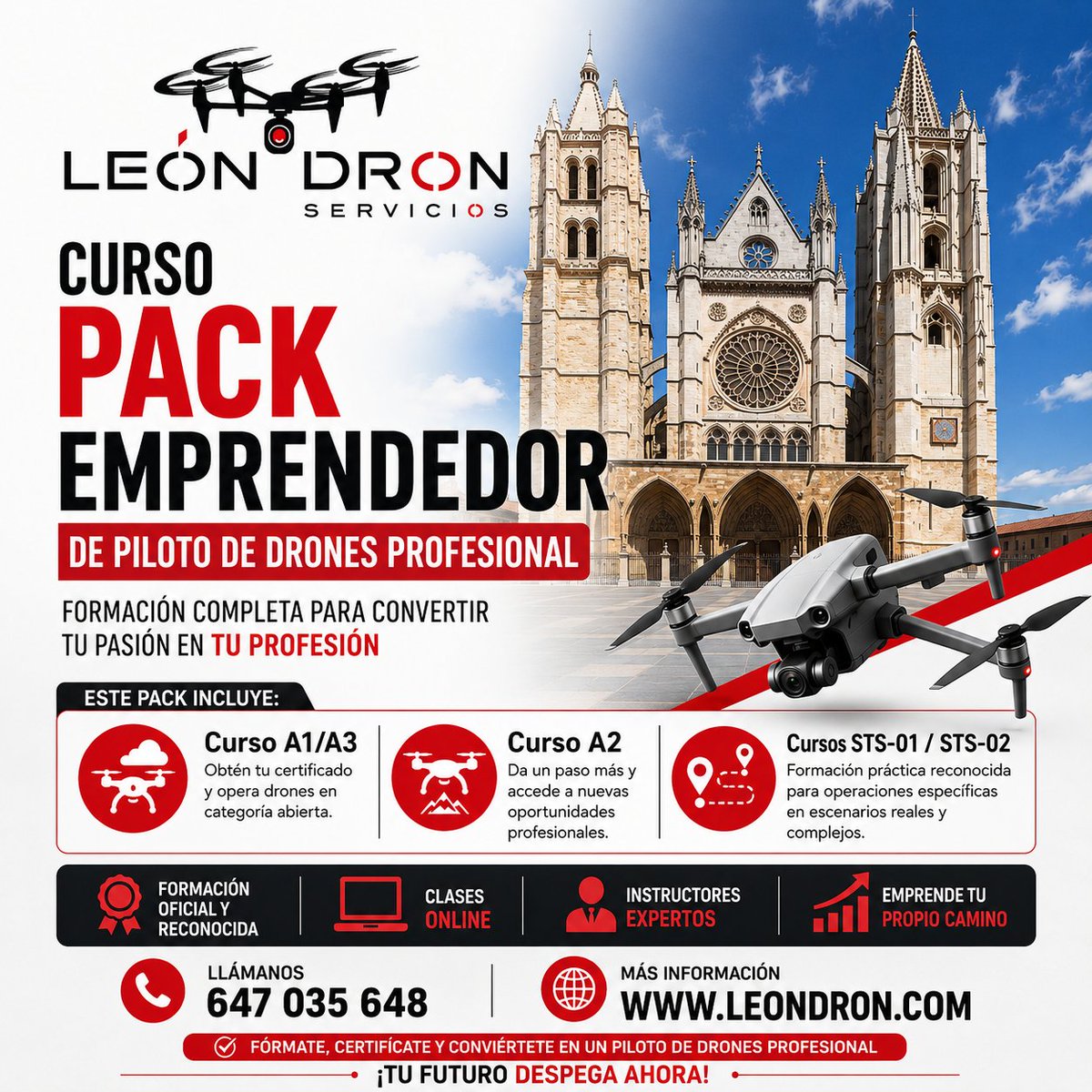 DronServicios's tweet photo. ¿Has soñado con volar alto y convertir tu pasión por los drones en un negocio exitoso? 
El "Curso Pack Emprendedor Piloto Profesional de Drones" es tu oportunidad para hacer realidad ese sueño. 
-Clases online y presencial
- Certificación profesional
- Entrenamiento práctico https://t.co/Q07TGdCrCc