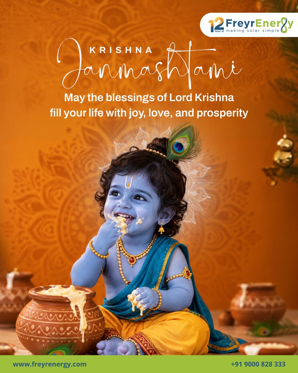 FreyrEnergy's tweet photo. Wishing you and your loved ones a joyful and blessed Janmashtami!  
📞 +91 9000 828 333 
🌐  https://t.co/LFbSkjms61  #HappyJanmashtami #makingsolarsimple #FreyrEnergy #GoSolarIndia #SolarMadeSimple #Janmashtami2026 #KrishnaJanmashtami #FestiveCelebration #Prosperity https://t.co/sxGXdgSaui