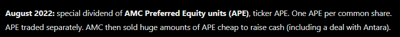 1621's tweet photo. Best lore on a beta by far $APEUNITS

0x46ca6976dcd0688af687f9d3571b7864743b1e18

August 2022: special dividend of AMC Preferred Equity units (APE), ticker APE. One APE per common share. APE traded separately. AMC then sold huge amounts of APE cheap to raise cash. https://t.co/0xeT3VfbjJ