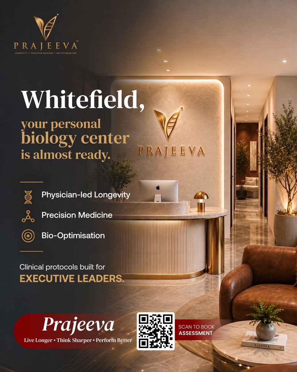 PrajeevaHealth's tweet photo. Building a business in Bengaluru while your health runs on empty? Change the script. ⚡

Prajeeva brings physician-led longevity, precision medicine, and bio-optimization to Whitefield. Your biology center is almost ready.

https://t.co/m7xBzk8UCy

#BioOptimization #Prajeeva https://t.co/5alLEwwrkG