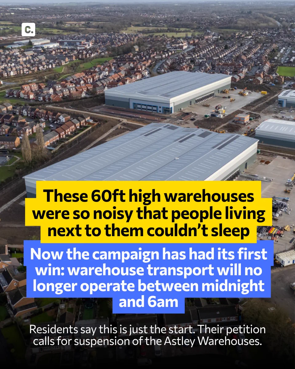 Aerial view of large warehouses near residential houses with text overlay about noise restrictions.