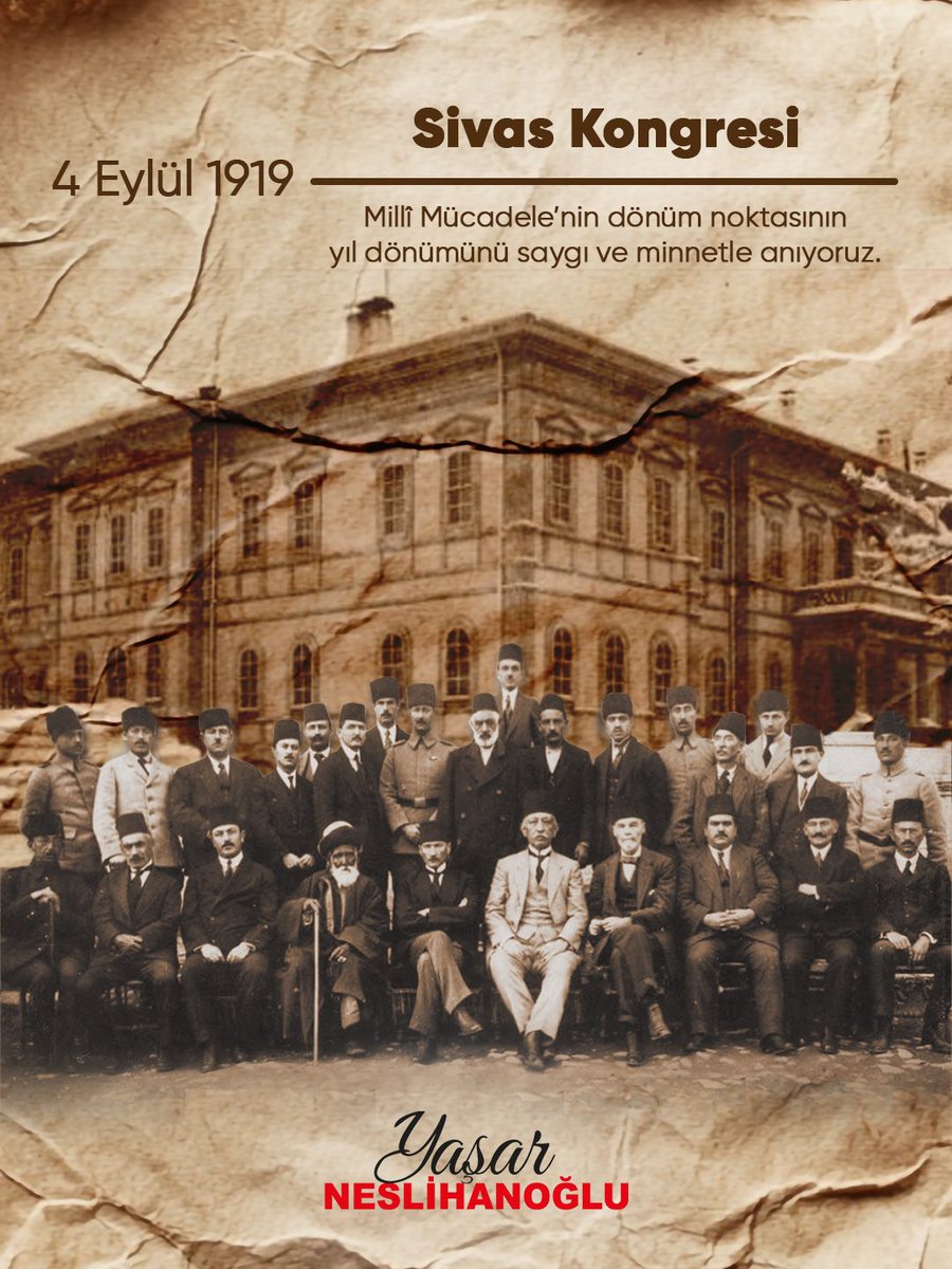 yasarnes's tweet photo. Sivas’ta yakılan bağımsızlık meşalesi, milletimizin birlik ve kararlılıkla Cumhuriyet’e yürüyüşünün en güçlü adımlarından biri olmuştur.

Sivas Kongresi’nin yıl dönümünde, “manda ve himaye kabul edilemez” diyerek tam bağımsız Türkiye idealini ortaya koyan Ulu Önderimiz Gazi Mustafa Kemal Atatürk’ü, silah arkadaşlarını ve Milli Mücadele’nin tüm kahramanlarını rahmet, minnet ve saygıyla anıyorum.