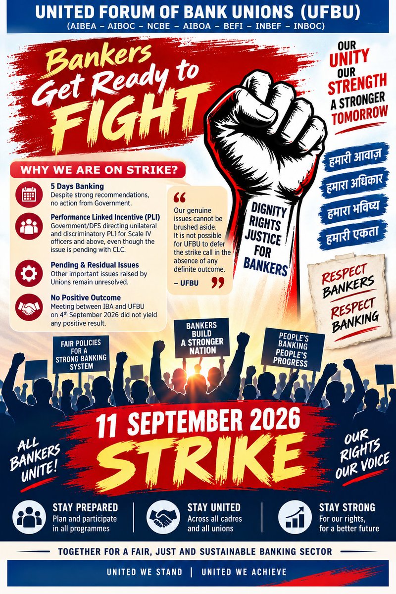 ramshankarsingh's tweet photo. Bankers, this is the moment to stand together. ✊

The issues affecting our dignity, rights and future cannot be left unresolved. The 11th September strike is not merely a programme—it is a collective assertion of our voice and unity.

Let every banker be prepared, disciplined and determined.
No fear. No retreat. No compromise on legitimate rights.

जब हक़ की बात हो, तो आवाज़ भी एक होनी चाहिए और कदम भी।

11 September — Stand United. Stand Strong. ✊

#5DayWeekandFairPLI
#BankStrike #BankersUnity
#11SeptemberStrike #FBOIOA 

@ChVenkatachalam @rupamsmail @aiboc_in @nilesh_pawar15 @sanjaybpi @aajtak @ABPNews @ndtv