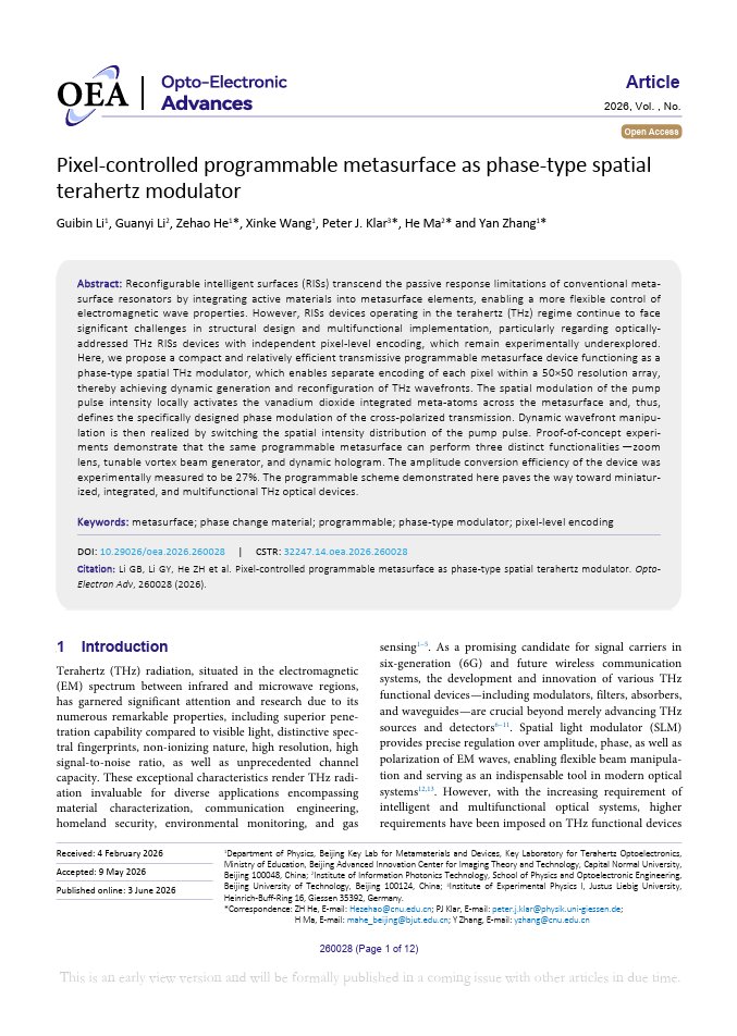 OptoElectronAdv's tweet photo. #OEA_highlight Pixel-controlled programmable metasurface as phase-type spatial terahertz modulator https://t.co/bINAQTT6xO by Prof. #Yan_Zhang #Capital_Normal_University #metasurfaces #phase_change_materials #programmable #modulator #pixel_level #encoding https://t.co/LuyjBNIm2i