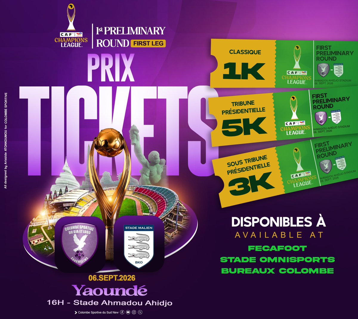 ColombeDja's tweet photo. ✴️ Les prix des billets pour la rencontre de ce dimanche au Stade Omnisport sont désormais connus. Venez nombreux pousser l'Oiseau du Sud vers la victoire !!

NB: Les billets sont vendus au siège de la Fecafoot et à l'entrée du stade dimanche !!! https://t.co/NTnI0fKceH