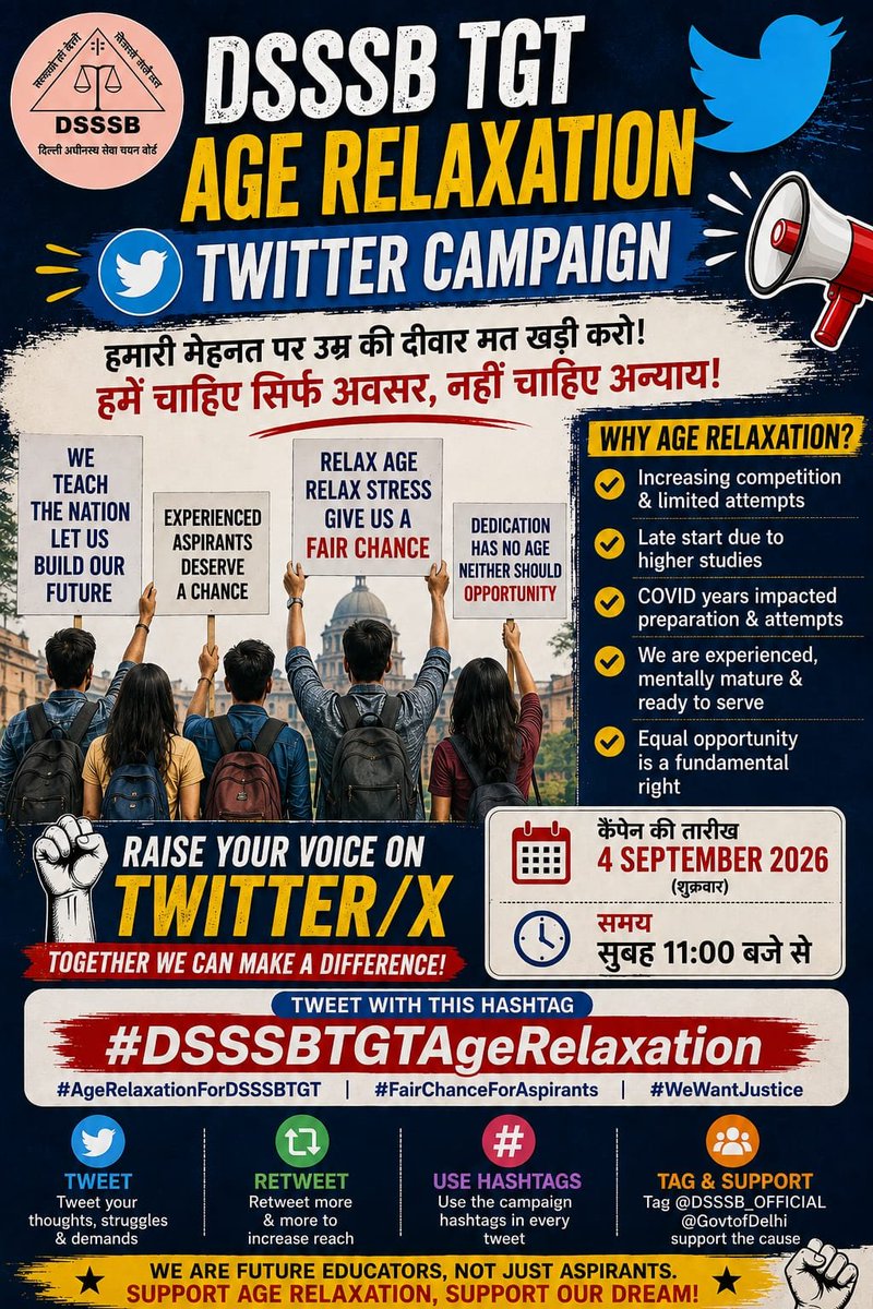 Jasmankullar's tweet photo. Equal opportunity for all teaching aspirants. Relax the age criteria in DSSSB TGT! @gupta_rekha @ashishsood_bjp @SandhuTaranjitS @dsssbofficial @ankitaIAS #DSSSB_TGT_AgeRelaxation https://t.co/MnNNNxdBKT