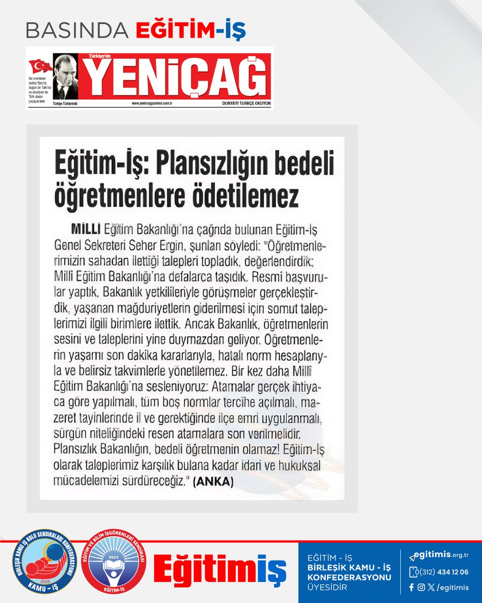 egitimisorg's tweet photo. Genel Sekreterimiz Seher Ergin’in, öğretmen atamaları ve yer değiştirme süreçlerinde yaşanan sorunlar ile çözüm taleplerimize ilişkin açıklamaları Yeniçağ gazetesinde yer aldı.

Öğretmenlerin yaşadığı mağduriyetlerin giderilmesi; güvenceli atama, adil yer değiştirme, aile birliğinin korunması ve öğretmenin iradesine saygı gösterilmesi için mücadelemizi kararlılıkla sürdürüyoruz.

@YenicagGazetesi