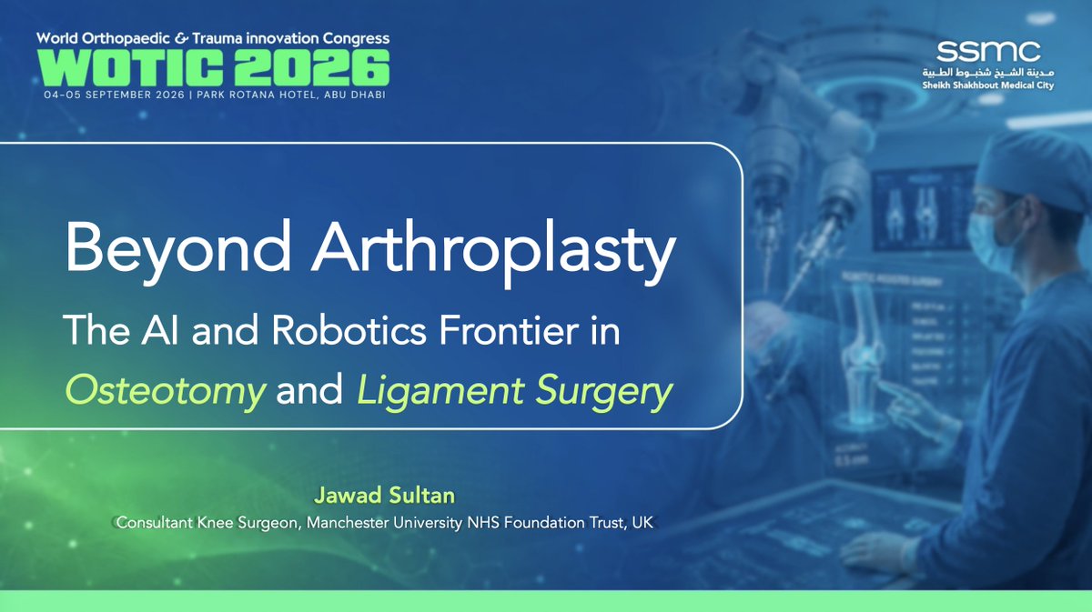 jointsurg's tweet photo. Honoured and excited to present today at WOTIC 2026 Abu Dhabi, focusing on innovation in Orthopaedics. Thanks @JosephAlsousou and the hard-working team around you for the great organisation and invitation. https://t.co/Jt7shuwZta