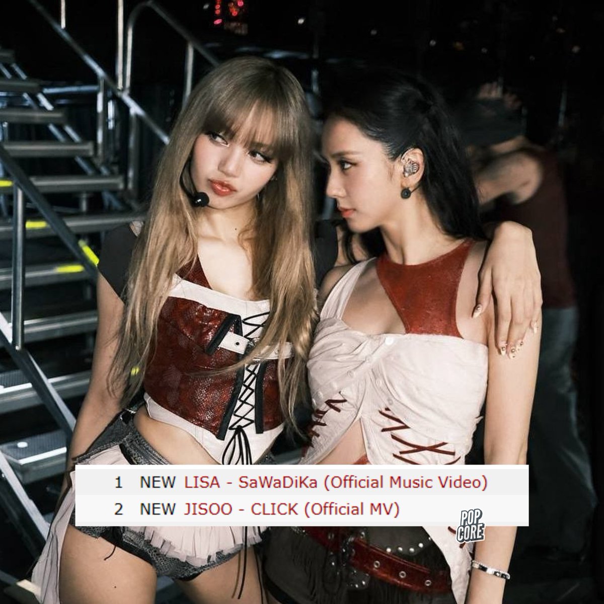 TheePopCore's tweet photo. LISA and JISOO’s music videos are currently trending at #1 and #2 worldwide on YouTube’s Trending Music Videos chart following the release of their pre-release singles, “SaWaDiKa” and “CLICK.” https://t.co/TgSWnepxzK
