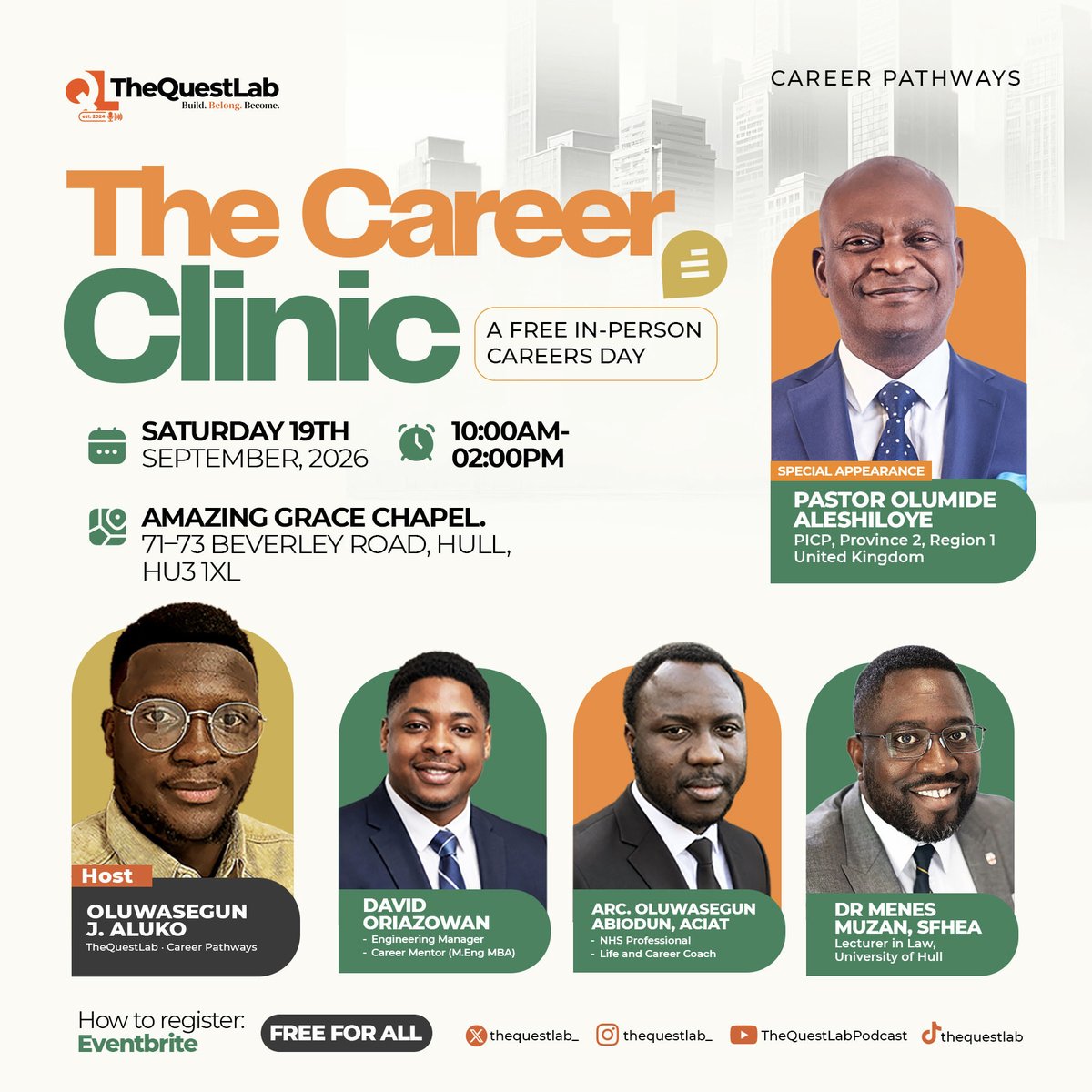 thequestlab_'s tweet photo. HULL, THIS ONE IS FOR YOU.

Your career needs more than applications.
It needs direction. Clarity. Strategy.

TheQuestLab is hosting a Career clinic⬇️

📅 19 Sept 2026
⏰ 10AM–2PM
📍 Amazing Grace Chapel, Hull

🎟️ FREE

Register via Eventbrite: https://t.co/25XBNBGVl6? https://t.co/VW9KZ4pHLS