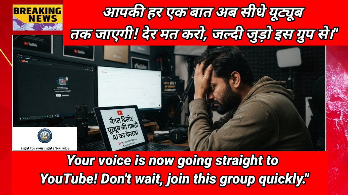 CAY_prahlad's tweet photo. Has your channel been deleted, demonetized, or hacked?
Are you also facing trouble with YouTube and its AI system?
क्या आपका भी चैनल डिलीट हुआ है, डिमॉनेटाइज हुआ है या फिर हैक हुआ है?
क्या आपको भी यूट्यूब और उसके एआई (AI) सिस्टम से कोई परेशानी है?

​अब चुप बैठने का वक्त नहीं है!
हमारे ट्विटर (X) ग्रुप से जुड़ो जल्दी, अपने सबूत शेयर करो और अपना पक्ष खुलकर रखो।
अबकी बार CAY (Creators Association against YouTube AI) इस लड़ाई को सीधे यूट्यूब के मैनेजमेंट तक पहुँचा रही है। अपनी ताकत दिखाओ, साथ मिलकर लड़ेंगे तो न्याय मिलेगा! ⚖️🚀
​👉 ट्विटर ग्रुप का लिंक ऊपर पिन है / बायो में है। जल्दी जुड़ो, अपना पक्ष रखो और अपने सबूत रखो!

​It's time to stop staying silent!
Join our Twitter (X) group quickly, share your evidence, and put forward your voice.
This time, CAY (Creators Association against YouTube AI) is taking this fight straight to YouTube's management. Show your strength, together we will fight and get justice! ⚖️🚀
​👉 Twitter group link is pinned above / in bio. Join quickly, share your side and your proofs!
​
​#TechJustice #CAY #PrahladVaishnav #CCI #YouTubeAI #CreatorsRights