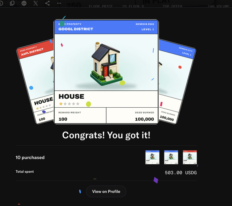 deed_protocol's tweet photo. First treasury batch acquired. 🏦

10 Genesis Properties are now treasury-owned.

These NFTs will generate Stock Token rewards over time. Those rewards will be sold and recycled back into the ecosystem:

NFT rewards → $DEED buyback → $DEED burn 🔥

The treasury loop is officially starting.