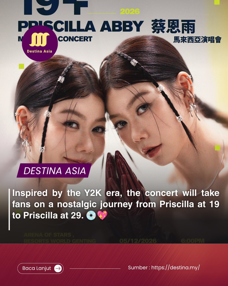 xm_pepe's tweet photo. From 19 to 29, Priscilla Abby celebrates 10 years in music with 19+ Malaysia Concert 2026 on 5 December at Arena of Stars, Resorts World Genting. Tickets on sale 3 September, 12pm. Y2K nostalgia meets a decade of music. https://t.co/jbxIyuYYQD
