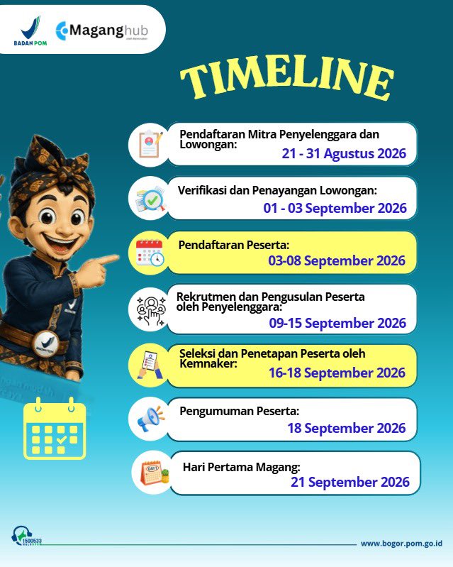 bpombogor's tweet photo. Kabar baik untuk Sobat BPOM fresh graduates 

Balai POM di Bogor membuka kesempatan bagi generasi muda untuk mendapatkan pengalaman belajar dan bekerja secara langsung melalui Program Magang HUB Kementerian Ketenagakerjaan (Kemnaker) Batch 2 Tahun 2026. https://t.co/8VzFCtLIao