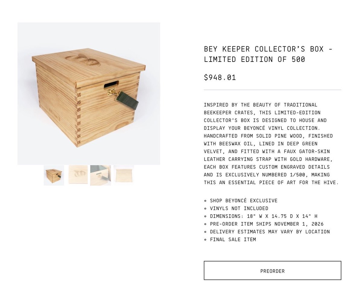 amanialexandor's tweet photo. Beyoncé is charging $950 for an empty wooden crate 😭 https://t.co/AtTtoYbPi5