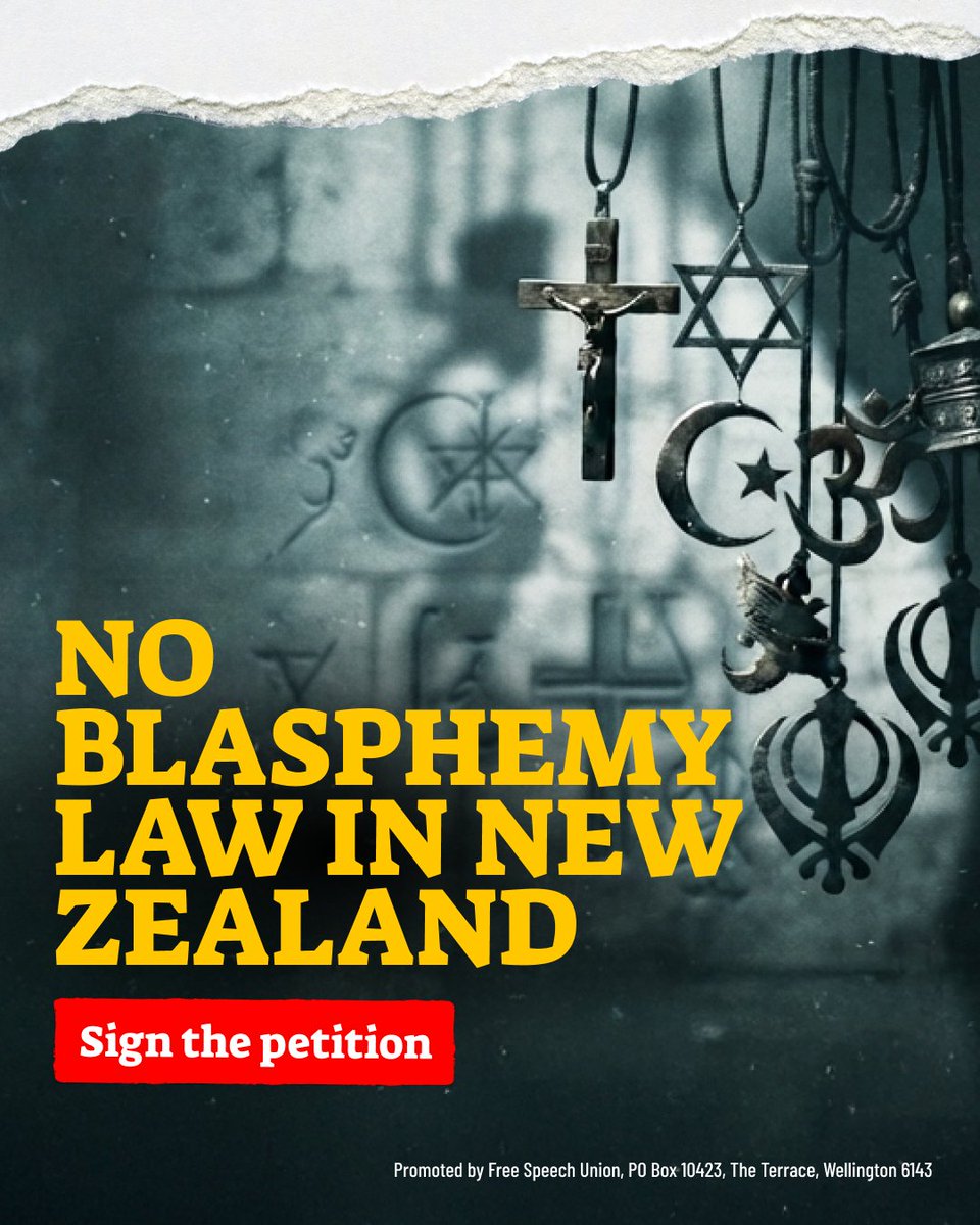 NZFreeSpeech's tweet photo. Should you be free to question, mock, or walk away from a religion without the law getting involved? We think so, obviously.

That freedom is on the ballot this election. Extending hate speech law to cover "insulting" religious groups is in the Green Party's manifesto, and Labour hasn't ruled out reviving the version they shelved last term.

Call it what it is: blasphemy law, brought back in through the side door. New Zealand got rid of this once. We're not doing it again.

🚨 SIGN THE PETITION: https://t.co/yCcjkmSpu7
