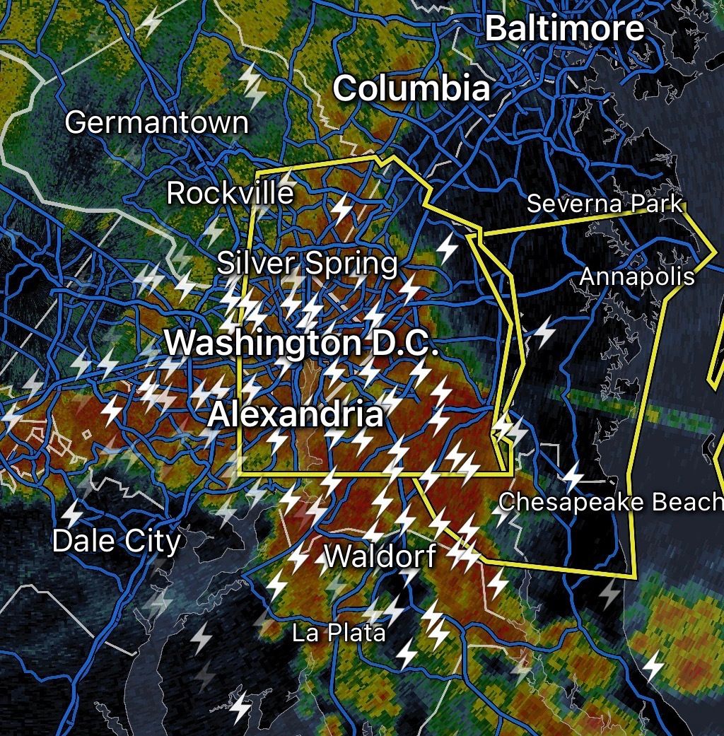 capitalweather's tweet photo. 12:02am Fri: Beltway area warning for dangerous 70mph wind gusts now expanded east to the Chesapeake Bay including Annapolis. Crazy lightning with these storms along with the heavy rain.

See radar and updates at https://t.co/lFUceq9GkQ and our app. https://t.co/8h9fWEHs13