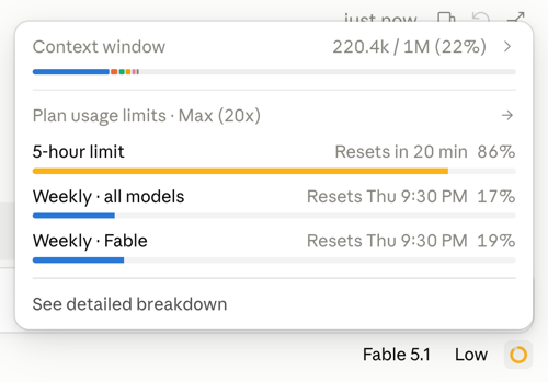 ArjanSahni's tweet photo. One session on Fable 5.1 Low used 20% of my weekly Fable limit.

That’s roughly five sessions for the entire week.

At this rate, it’s basically unusable for real work. 

Pls increase Fable usage limits @trq212 @ClaudeDevs https://t.co/3RO5NUo5qP
