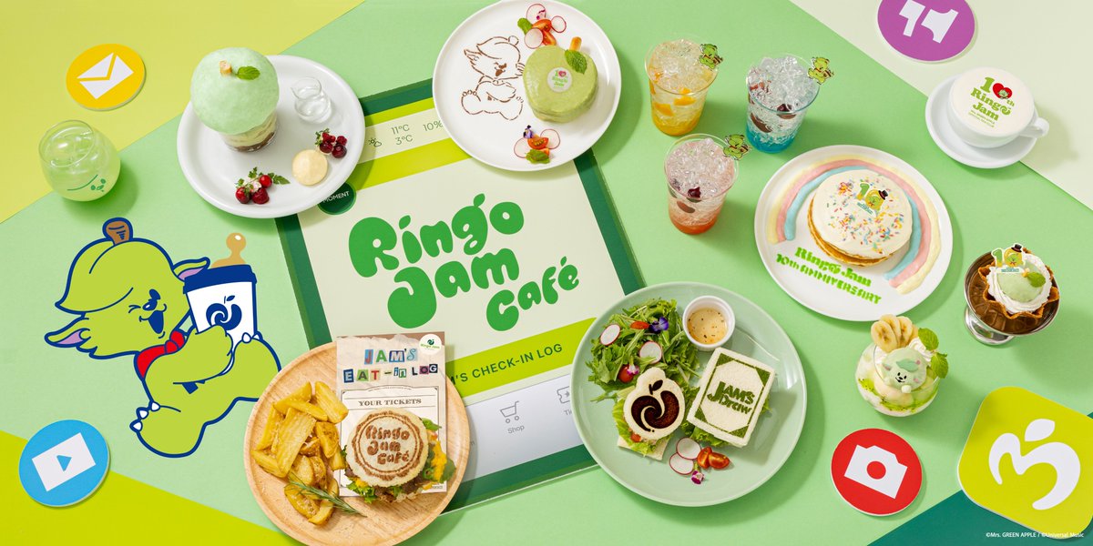 oricon's tweet photo. Mrs. GREEN APPLE、10周年記念カフェ
「Ringo Jam Café」🍏
⠀
6都市8会場で期間限定オープン
メニュー＆グッズや特典など公開✨️
⠀
🔻一覧（写真23枚）
https://t.co/xpx4JBH7wd
⠀
🟩開催場所
東京、大阪、愛知、宮城 https://t.co/AuMOwevBdI