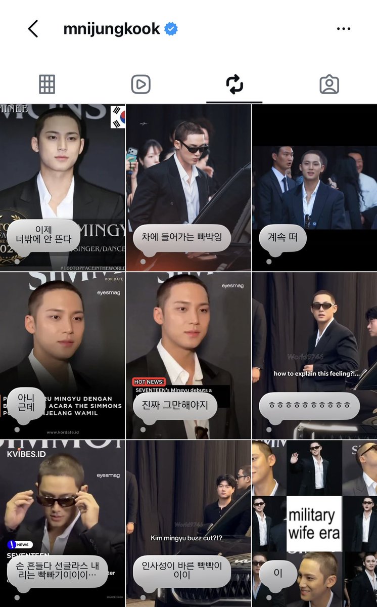 coupslovre's tweet photo. mnijungkook’s instagram reposts being full of mingyu and his buzzcut from yesterday’s event 😭 https://t.co/A5Oag7JpqL