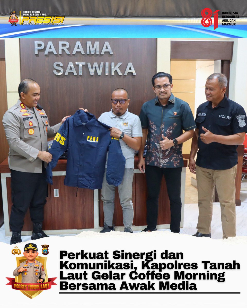 LautHumas's tweet photo. Kapolres Tanah Laut AKBP Ricky Boy Siallagan, S.I.K., M.I.K., didampingi Kasat Reskrim AKP Cahya Prasada Tuhuteru, https://t.co/zRm3VyrOBr.K., S.I.K., M.H., dan Kasi Humas AKP Hari Setiawan, A.Md., bersilaturahmi dan Coffee Morning bersama awak media Tanah Laut https://t.co/iqBXvfvBoD