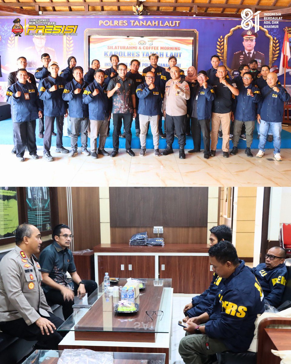 LautHumas's tweet photo. Kapolres Tanah Laut AKBP Ricky Boy Siallagan, S.I.K., M.I.K., didampingi Kasat Reskrim AKP Cahya Prasada Tuhuteru, https://t.co/zRm3VyrOBr.K., S.I.K., M.H., dan Kasi Humas AKP Hari Setiawan, A.Md., bersilaturahmi dan Coffee Morning bersama awak media Tanah Laut https://t.co/iqBXvfvBoD